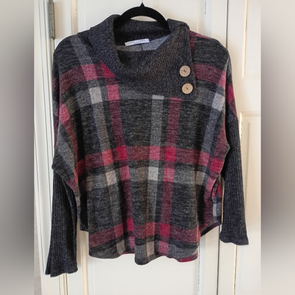 Chris & Carol Women's Cowl Neck Plaid Sweater - Red and Gray - Picture 2 of 8